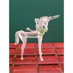 Vintage 1984 Frosted Glass Unicorn W/ Holly Christmas Ornament James A Cole Co